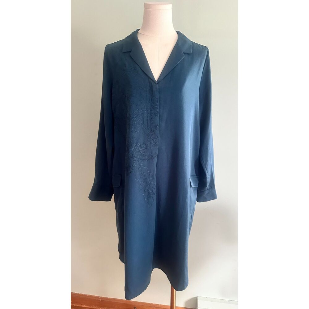 Soft Surroundings Embroidered Popover Chic Shirt Dress BlueTencel Petite Medium